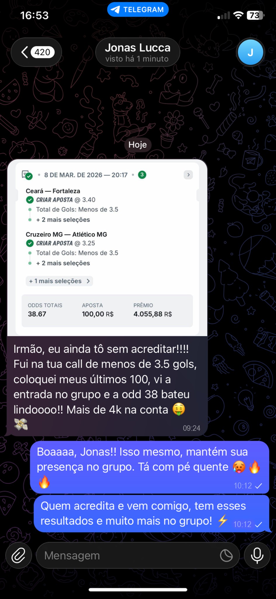 Conversa Telegram com membro que ganhou 4 mil reais